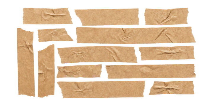 Set of brown masking tape strips and adhesive paper pieces for scrapbooking and decoration projects