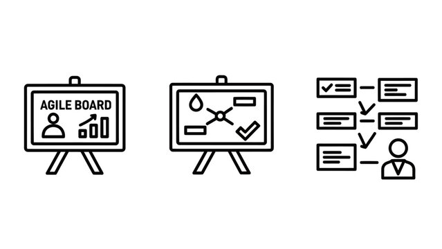 Agile project management workflow and business process board line icons set with line art management workflow business development collaboration planning whiteboard methodology corporate