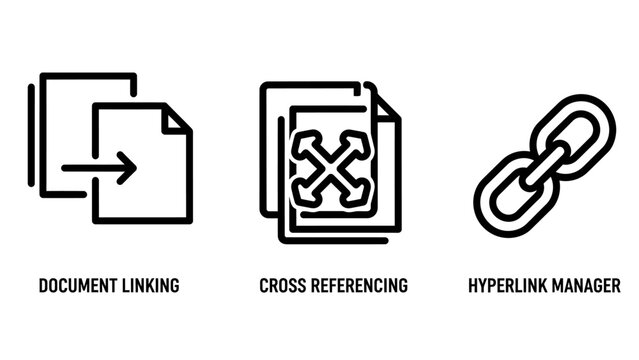 Document linking cross referencing hyperlink manager digital workflow icons with line art user interface document hyperlink workflow internet information connection reference illustration