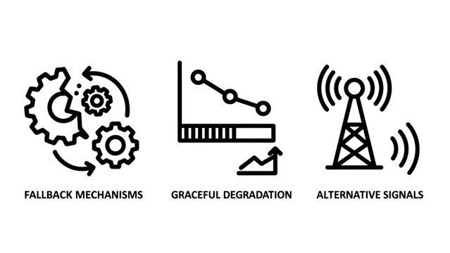 Technical system reliability icons: fallback mechanisms graceful degradation alternative signals for robust systems problem solving white background fallback mechanism technology recovery