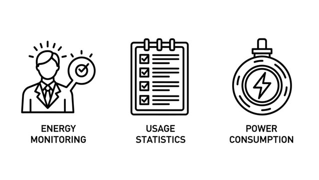 Energy monitoring usage statistics power consumption management system line icons with smart home line art monitoring statistics consumption management electricity analysis efficiency
