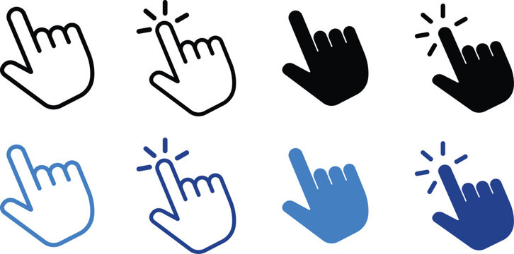 Hand cursor icon. Hand click icon set. Pointer sign and symbol. Vector illustration, Set of hand cursor icons with different colors.
