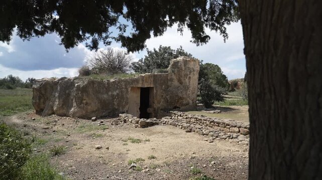 View of caves at Archaeological Site of the Tombs of the Kings on a sunny day, Paphos, Cyprus