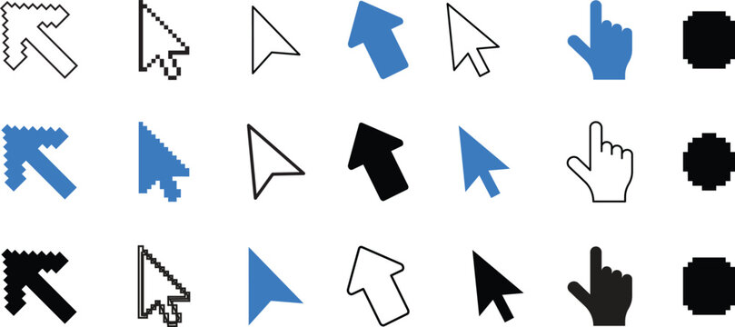 Blue colour click cursor set icon, arrow and hand pointer, computer cursor mouse forms