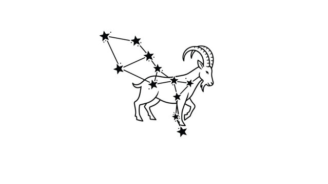 Capricorn zodiac sign represented by a stylized mountain goat illustration merged with a star constellation in a clean line art style.
