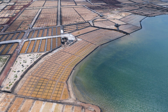 Aerial view of Janubio salt flat art in Lanzarote