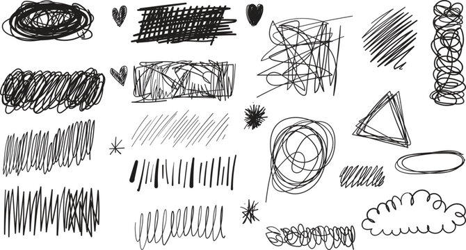 Vector grungy graphic elements set. texture hand drawn pencil underlines and strikethrough, scribble emphasis lines, crazy hatches, ovals and crosses.