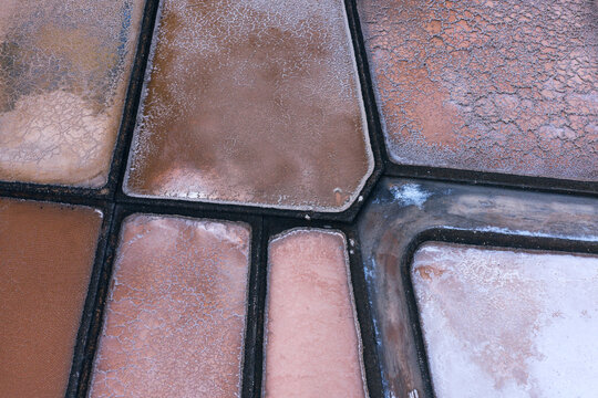 Aerial view of geometric salt flats in Janubio, Lanzarote