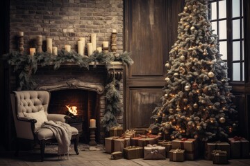 Fototapeta premium Warm living room featuring a decorated christmas tree, gifts, and fireplace with an armchair