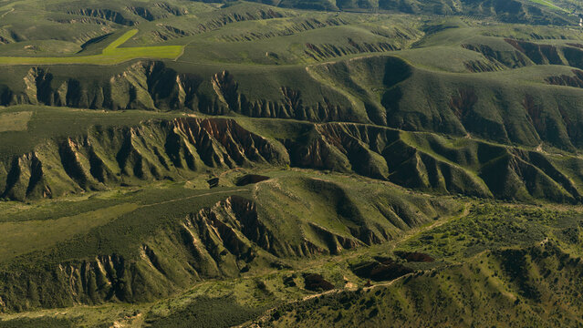 Spring badlands landscape in Guadalajara, Spain aerial view