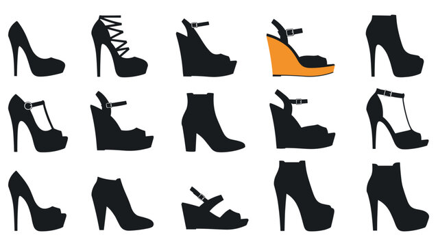 Selection of women shoe silhouettes including high heels, boots, and wedges with one orange highlight for fashion and footwear catalog design.