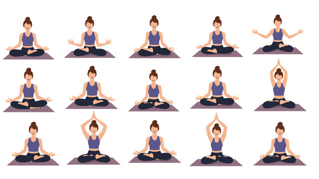 Large grid of fifteen female figures practicing various yoga meditation poses on individual purple mats in a minimalist flat color style.