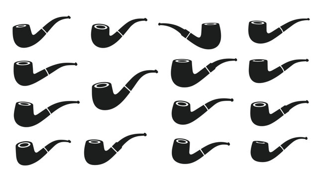 Grid of sixteen smoking pipe silhouettes in various classic shapes and orientations for a traditional gentlemanly or detective aesthetic.