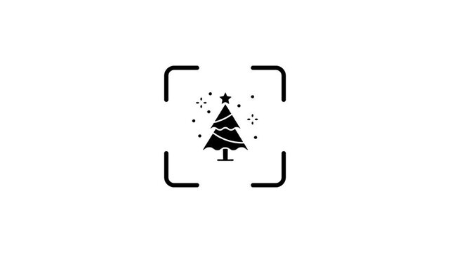 Minimalist digital barcode scanner animation of christmas tree icon with green laser light motion on white background.