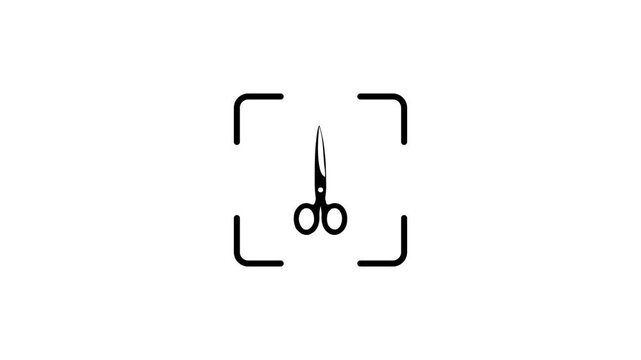 Animation of scanner interface scanning black scissors icon on white background with green laser light motion.