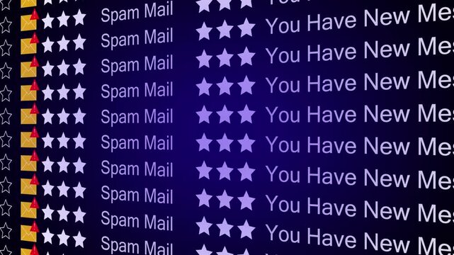 Spam email notification concept with new message alerts and stars on dark background spam mail
