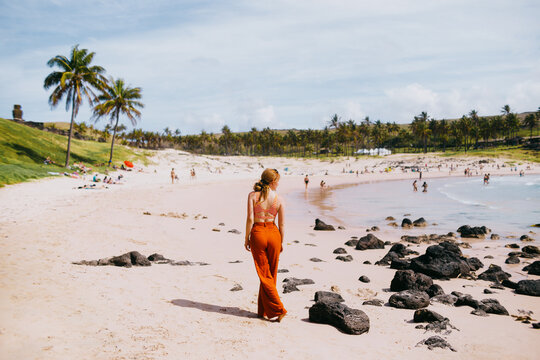 Scenic beach view on Easter Island with palm trees