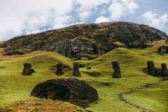 Moai statues on Easter Island landscape