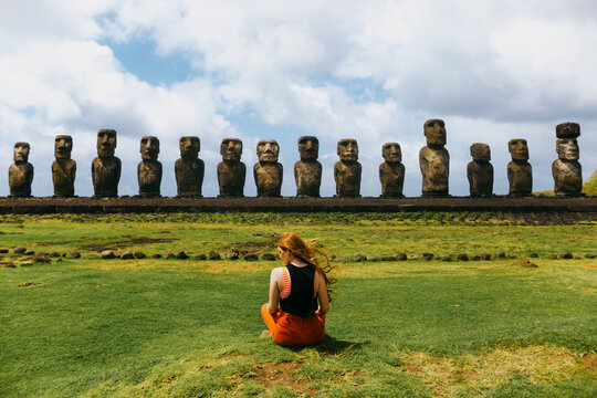 Moai statues on the green fields of Easter Island