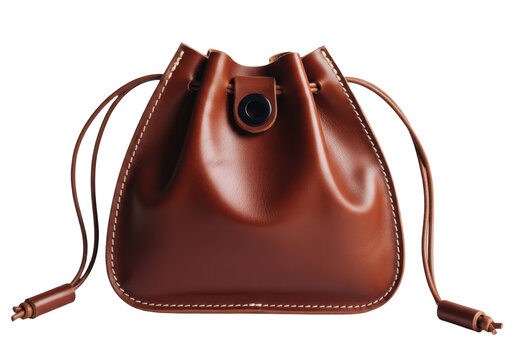Small brown leather drawstring pouch isolated on transparent background