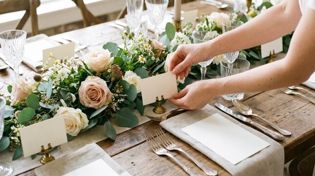 Hands placing a blank place card on a rustic wedding table with floral centerpiece