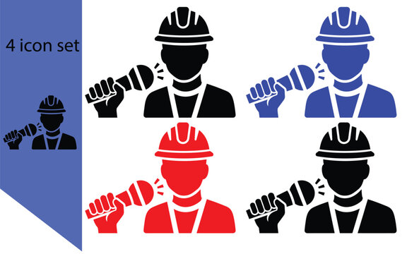 Construction worker icons set with hard hat and fist pump for industry and safety, vector symbols