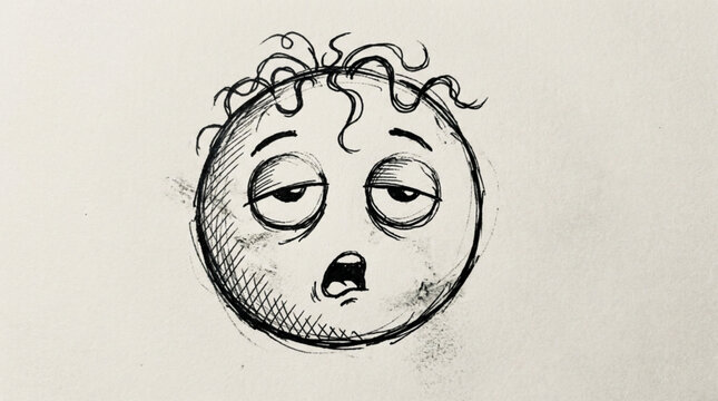 Tired cartoon face with messy hair and open mouth.