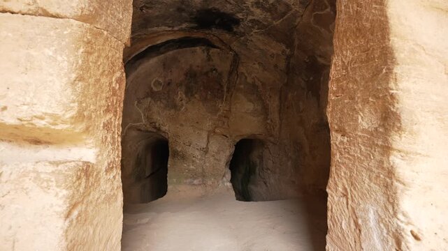 View of Tomb 3 interior at Archaeological Site of the Tombs of the Kings on a sunny day, Paphos, Cyprus