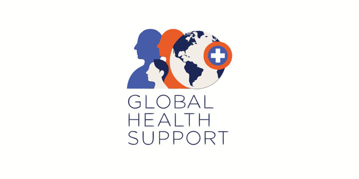 Global health support logo with diverse people silhouettes and world globe illustration.