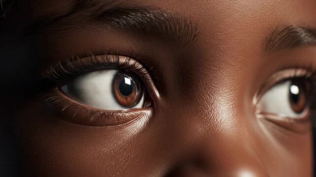 Brown irises framed by dark lashes and beautifully shaped brows reflect light, revealing a young person's thoughtful gaze as their eyes survey their surroundings with focused curiosity
