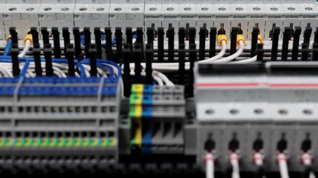 Circuit breakers to protect electrical loads from short-circuiting, installed in the electrical switchboard. Soft focus 