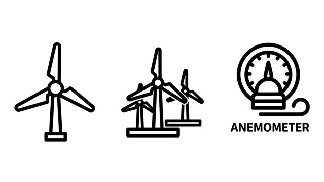 Set of wind energy and meteorology icons featuring single turbine wind farm and anemometer gauge for renewable power concept renewable electricity anemometer meteorology measurement generator