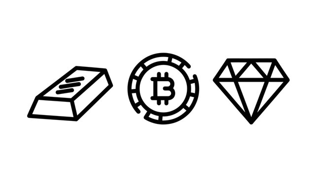 Investment and wealth icons representing commodities with gold bar cryptocurrency bitcoin and gemstone diamond symbols investment cryptocurrency treasure currency economic gemstone security