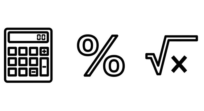 Minimalist line icon set for mathematics and finance including calculator percentage and square root symbols with calculator mathematics percentage arithmetic accounting business calculation