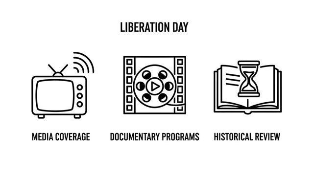 Historical and media icons set for liberation day featuring media coverage with a vintage television documentary programs with a film reel and historical review with an hourglass and open book