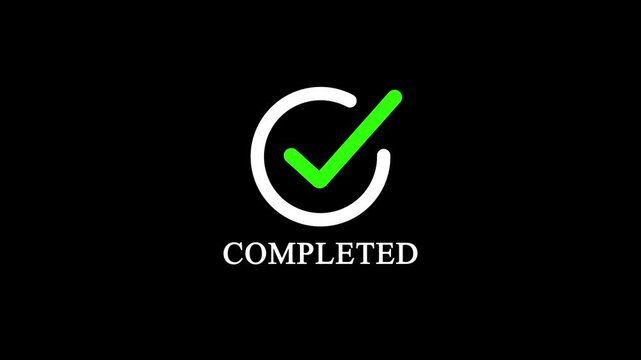 Completed checkmark icon animation with loading circle loop on black background, with video animation.
