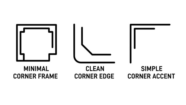 Minimalist graphic design elements set featuring minimal corner frame icon clean corner edge symbol and simple corner accent for document framing layout decoration and page borders, geometric