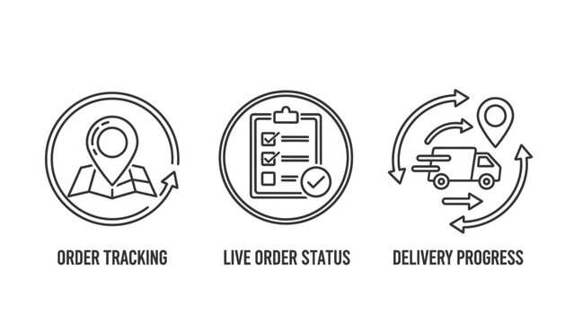 Logistics and e-commerce icon set showing order tracking on map live order status checklist and delivery progress truck with real time logistics delivery tracking location progress shipping
