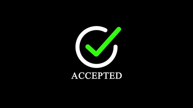 Accepted checkmark icon animation with loading circle loop on black background, with 4k video animation.