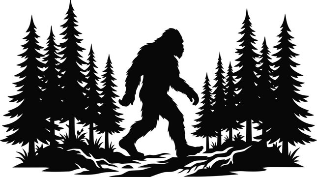 Bigfoot walking in a forest with pine trees