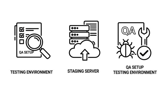 Software testing environment staging server qa setup icons set with quality assurance magnifying glass data center development checkmark document programming deployment technology engineering
