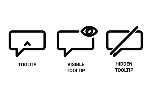 User interface outline icons featuring a standard tooltip bubble a visible tooltip with an eye symbol a hidden tooltip with a diagonal strike-through slash interface information visibility