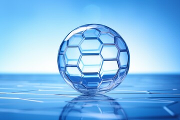 Naklejka premium Glass sphere composed of hexagons reflecting on a tiled blue surface
