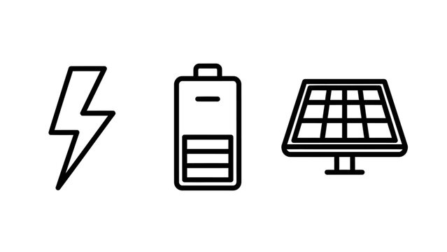 Set of energy-related line icons featuring lightning bolt battery level solar panel lightning electricity renewable sustainable technology environment industry electrical capacity production