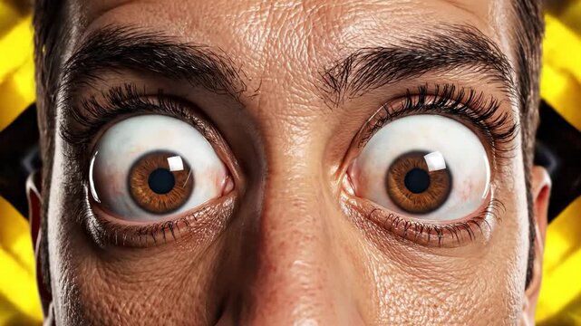 Astonished eyes widened in utter amazement and disbelief, showcasing a dramatic human reaction to the unexpected, with vibrant yellow patterns framing the extreme facial expression conveying