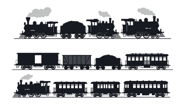 Collection of vintage steam locomotive silhouettes including freight wagons and passenger cars in three rows for historical design.