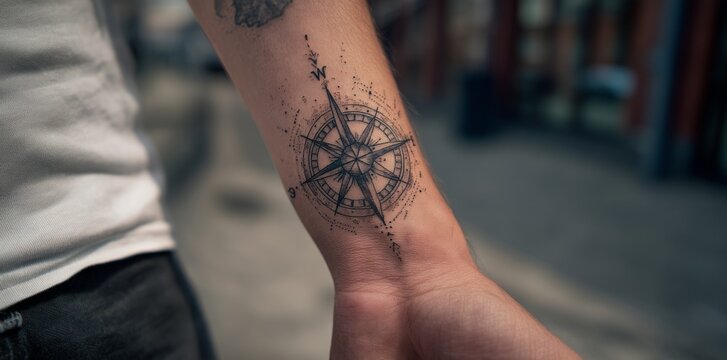 Close-up of a detailed compass rose tattoo on a persons forearm, symbolizing guidance and exploration.
