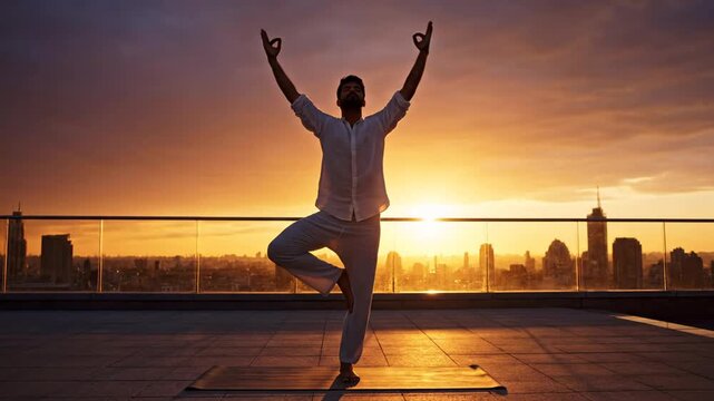 Man practicing yoga tree pose on rooftop at sunset with city view