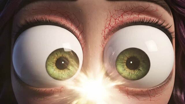 Astonished, wide-eyed character with vibrant green irises and intensely focused pupils, showing surprise and shock as a bright, energetic flash of light bursts forth between them, depicting