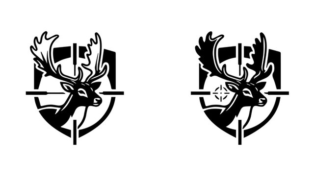 Hunting deer logo set with crosshair and shield, black and white buck head mascot vector, wild animal trophy hunter emblem for outdoor sports